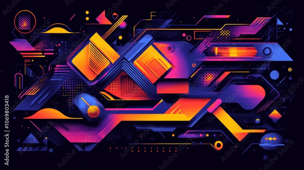 Obraz premium Abstract Geometric Art Vibrant Neon Colors Tech Design Modern Wallpaper