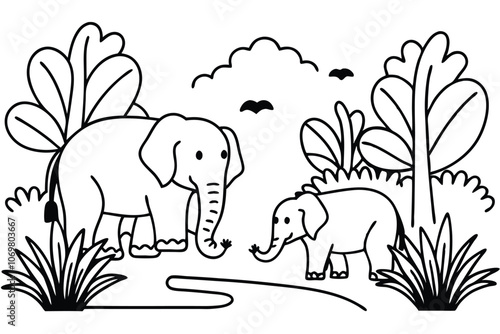 adorable elephants in forest line art, silhouette