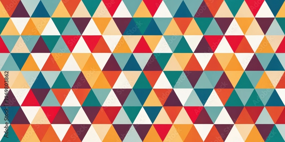 Abstract Geometric Pattern with Interlocking Triangles in a Colorful Array of Red, Yellow, Teal, Blue, White and Brown Shades Abstract Geometric Pattern with Interlocking Triangles in a Colorful Array of Red, Yellow, Teal, Blue, White and Brown Shades