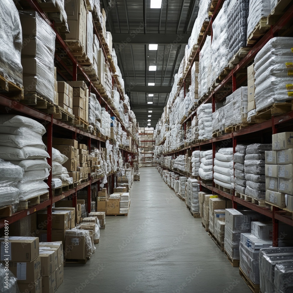 Industrial Warehouse Storage Rows of Packed Goods Cardboard Boxes Industrial Warehouse Storage Rows of Packed Goods Cardboard Boxes