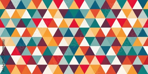 Abstract Geometric Pattern with Interlocking Triangles in a Colorful Array of Red, Yellow, Teal, Blue, White and Brown Shades