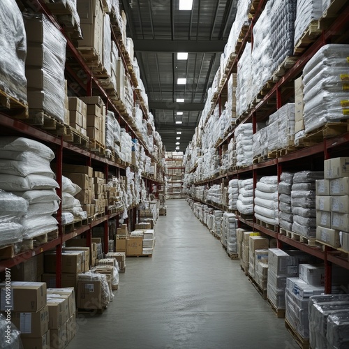 Industrial Warehouse Storage Rows of Packed Goods Cardboard Boxes