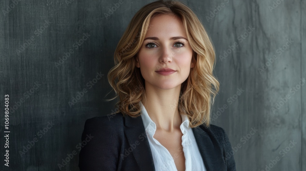 Successful woman with office background, standing confidently with a soft smile Successful woman with office background, standing confidently with a soft smile