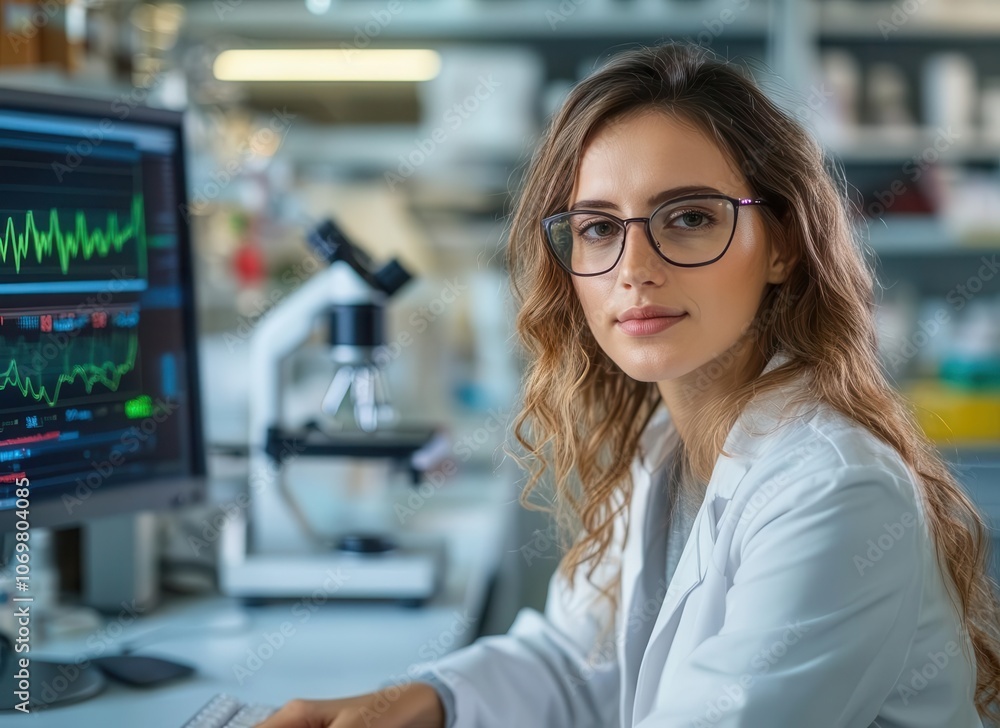 Scientist analyzing genetic data on a computer in a biological lab, showcasing datadriven research Scientist analyzing genetic data on a computer in a biological lab, showcasing datadriven research
