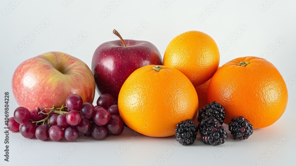 Assortment of fresh fruits like apples, oranges, and berries on a clean background Assortment of fresh fruits like apples, oranges, and berries on a clean background