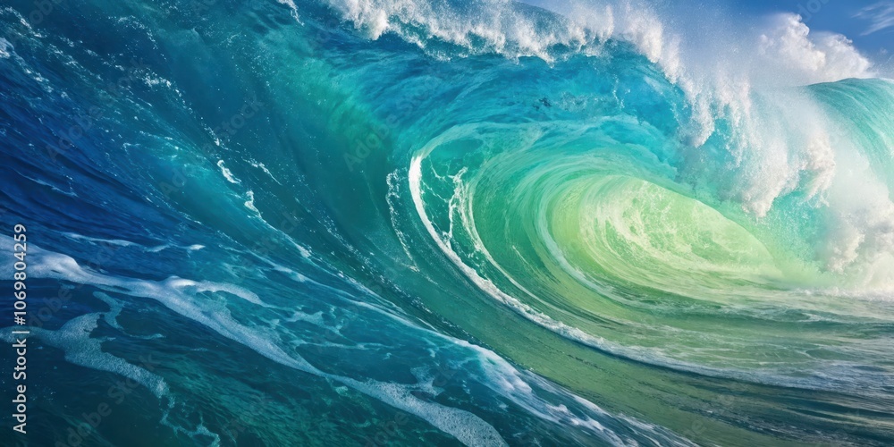 Fototapeta premium A massive wave crashes and curls, revealing a vibrant turquoise and green interior, its crest illuminated by a bright sunlight, creating a stunning natural spectacle.
