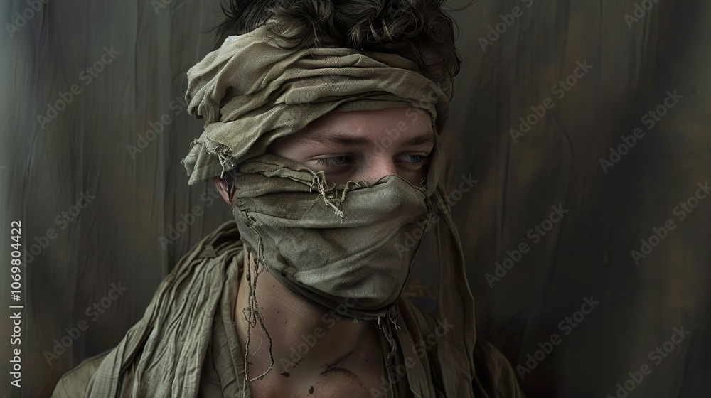 Intense Portrait of a Man Covered in Cloth with Scars and a Thoughtful Expression Intense Portrait of a Man Covered in Cloth with Scars and a Thoughtful Expression
