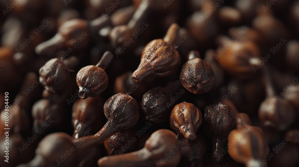 Fototapeta premium An extreme close-up of cloves arranged randomly, highlighting their texture and detail.