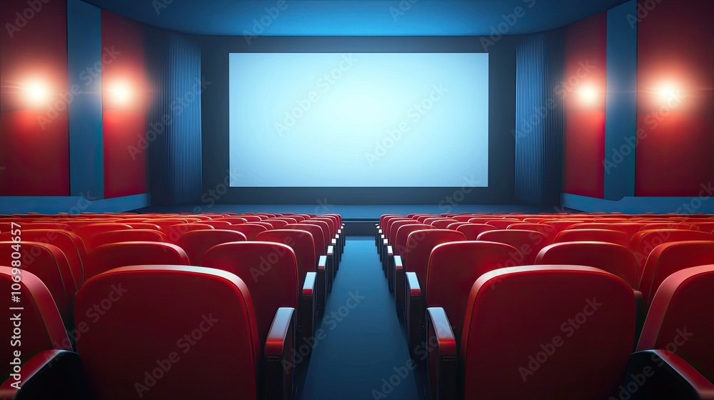 Fototapeta premium Empty Movie Theater with Red Seats and Blank Screen