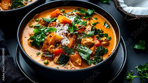 Vibrant and Nourishing Vegan Curry with Coconut Milk and Bold Spices A Simmering Medley of Tender Vegetables and Aromatic Flavors in a Mouthwatering Glistening Texture