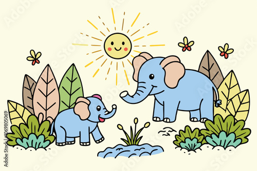 adorable elephants in lush green forest illustration