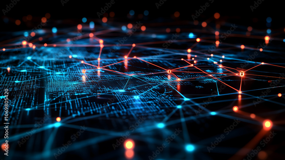 An image of a world map overlaid with interconnected lines and nodes, representing global shipping routes and data flow. The map features glowing lines to signify real-time data and technological int