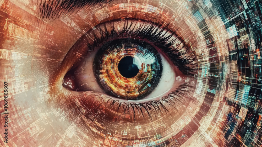 Close up of human eye with digital overlay, showcasing technology and innovation. intricate patterns symbolize vision and insight into future Close up of human eye with digital overlay, showcasing technology and innovation. intricate patterns symbolize vision and insight into future