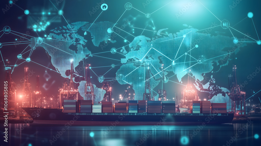 Fototapeta premium An image of a world map overlaid with interconnected lines and nodes, representing global shipping routes and data flow. The map features glowing lines to signify real-time data and technological int