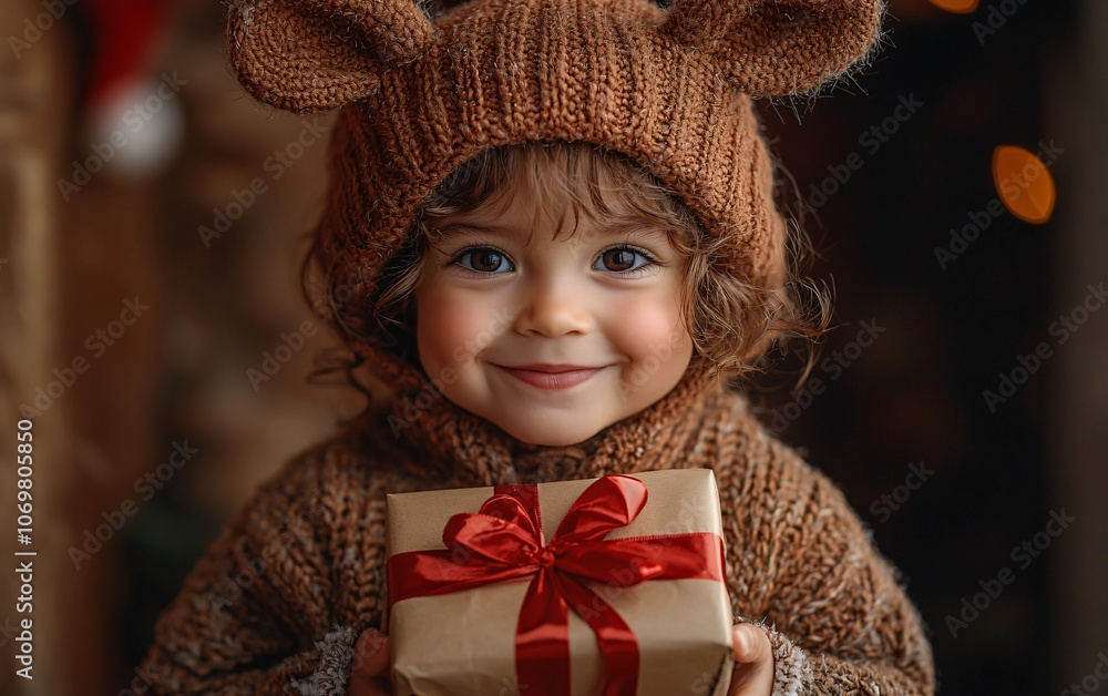 A joyful child in a cute reindeer hat holds a present, perfect for winter celebrations, Christmas events, or holiday marketing campaigns. A joyful child in a cute reindeer hat holds a present, perfect for winter celebrations, Christmas events, or holiday marketing campaigns.