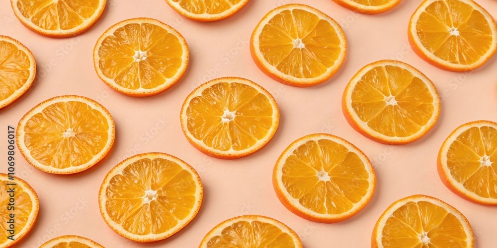 A repeating pattern of perfectly sliced oranges against a soft pastel background, showcasing the citrus fruit's vibrant yellow and orange hues. A repeating pattern of perfectly sliced oranges against a soft pastel background, showcasing the citrus fruit's vibrant yellow and orange hues.