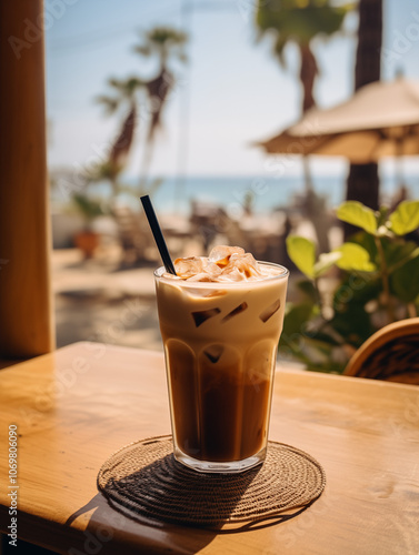 A cold coffee drink with ice cubes in an iced latte glass, sitting on top of the table at beach cafe.  photo