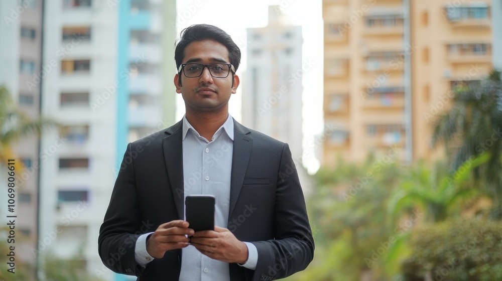 Young Indian business professional standing outdoors, holding a smartphone, modern city background Young Indian business professional standing outdoors, holding a smartphone, modern city background