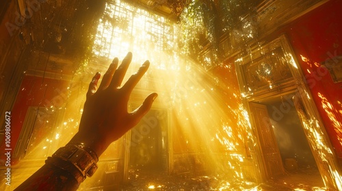Hand reaching toward radiant golden light in ancient structure