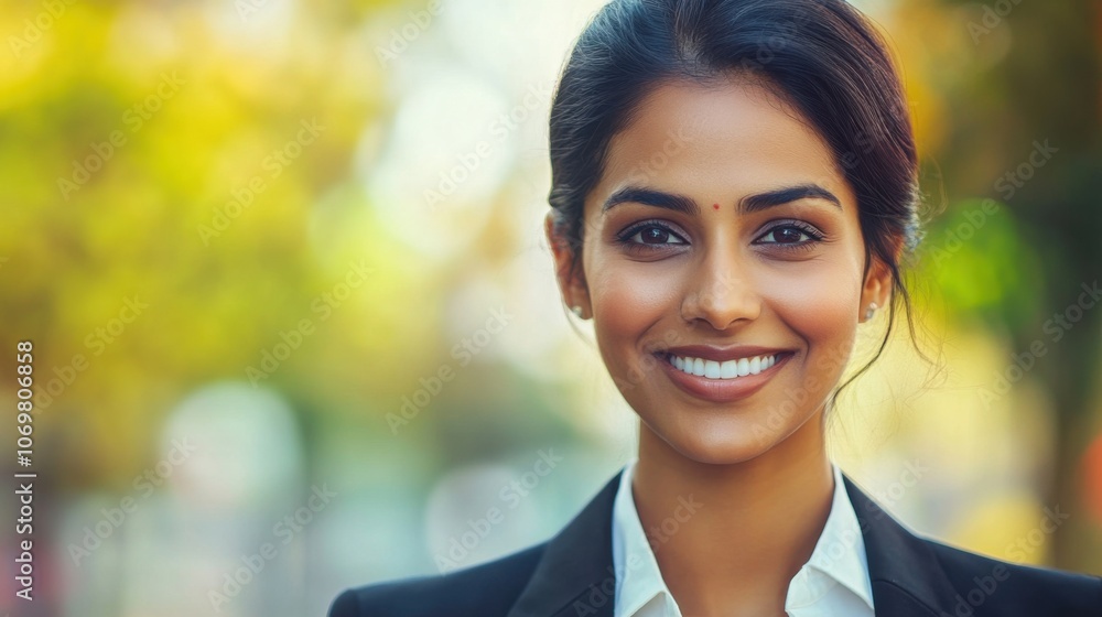 Young Indian businesswoman smiling outdoors, dressed in formal attire, looking professional Young Indian businesswoman smiling outdoors, dressed in formal attire, looking professional