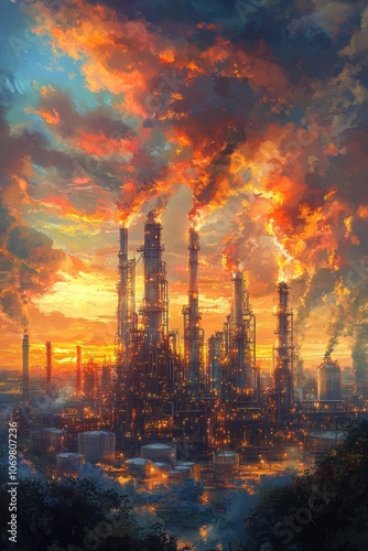 Industrial Refinery at Sunset with Dramatic Sky and Smoke Emissions Creating a Vibrant and Atmospheric Scene