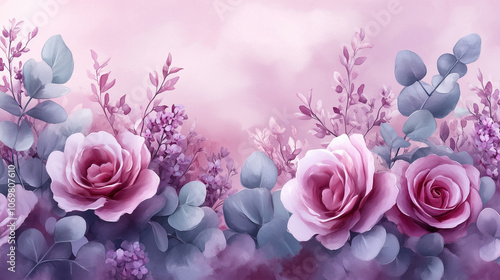 Wallpaper Mural Romantic watercolor floral border frame, clusters of lilac flowers, purple roses, eucalyptus leaves, soft and subtle, transparent background Torontodigital.ca