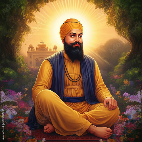 Serene image of Guru Gobind Singh Ji seated in a garden with temples in the background, representing peace, knowledge, and spiritual harmony photo