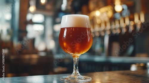 Amber beer pouring into a glass; fresh and cold craft beer with shallow depth of field