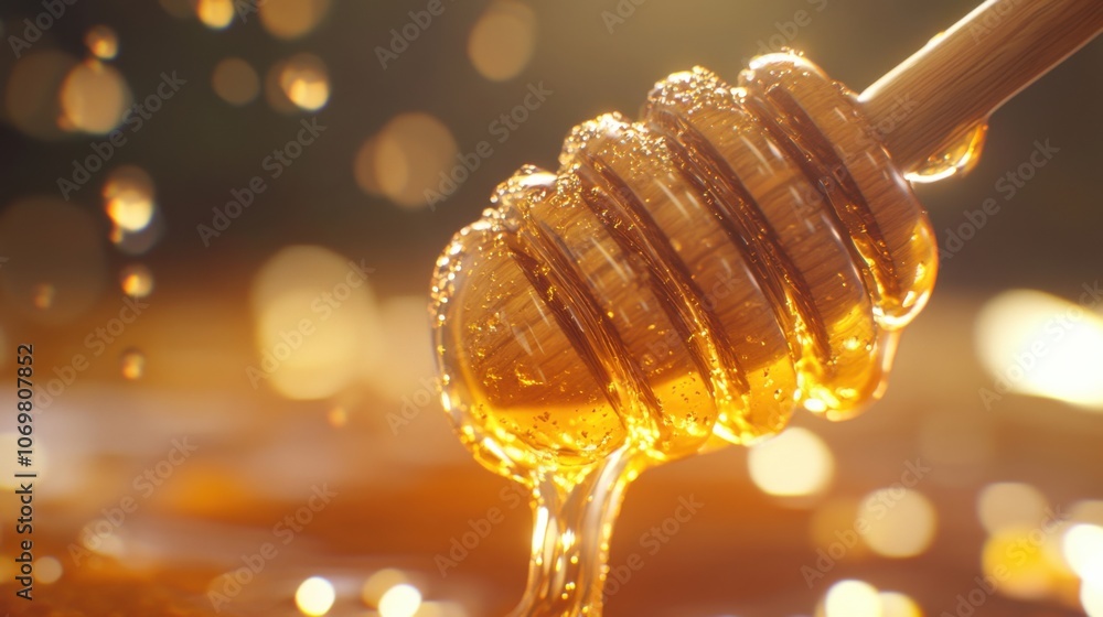 Thick honey dripping from a wooden honey dipper, with close-up focus on honey texture and flow; warm amber color, organic and natural with a soft focus background Thick honey dripping from a wooden honey dipper, with close-up focus on honey texture and flow; warm amber color, organic and natural with a soft focus background