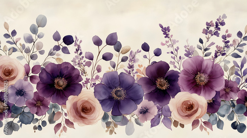 Wallpaper Mural Romantic watercolor floral border frame, clusters of lilac flowers, purple roses, eucalyptus leaves, soft and subtle, transparent background Torontodigital.ca