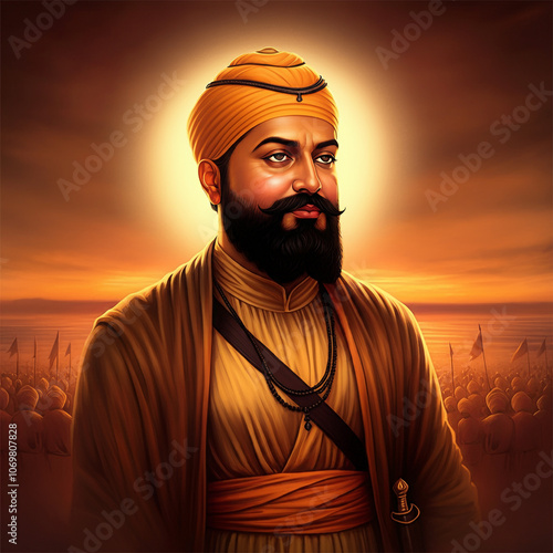 Inspiring portrait of Guru Gobind Singh Ji with a glowing sunset background, symbolizing strength, resilience, and spiritual leadership in Sikhism