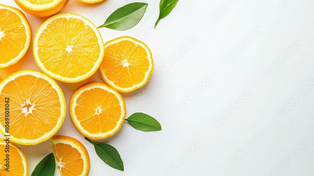 Fototapeta premium Fresh juicy oranges with vibrant green leaves isolated on clean white background
