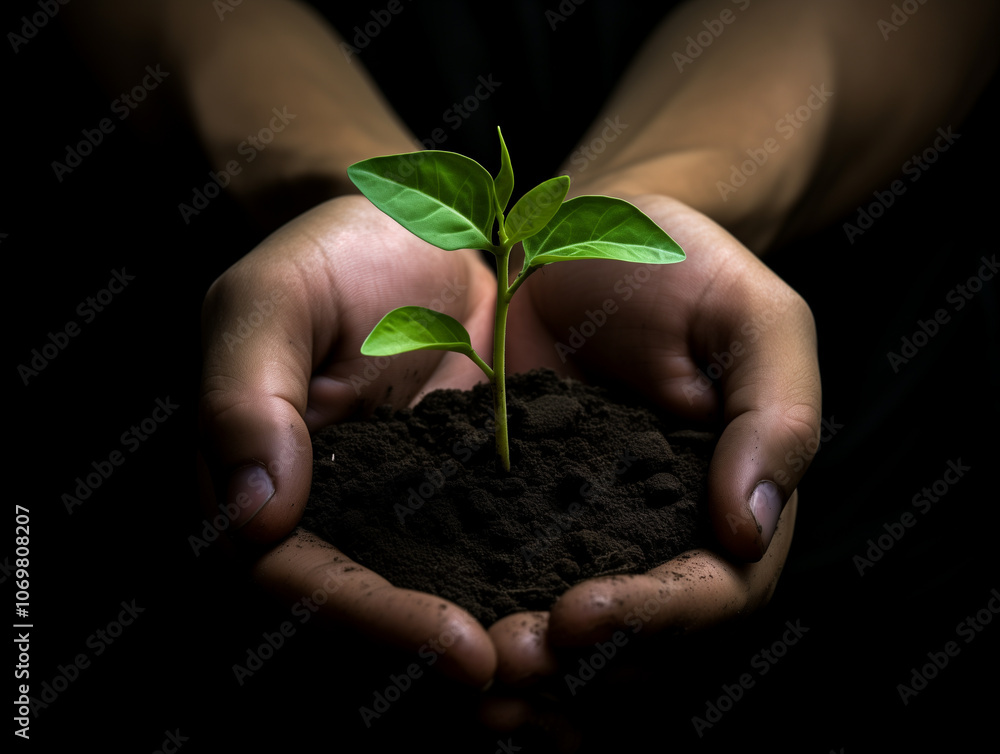 Sprout in the handful of soils in focus. Business concept Sprout in the handful of soils in focus. Business concept