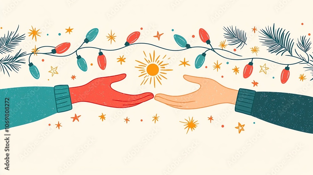 Obraz premium Hands reaching out with festive decorations story concept idea with festive atmosphere