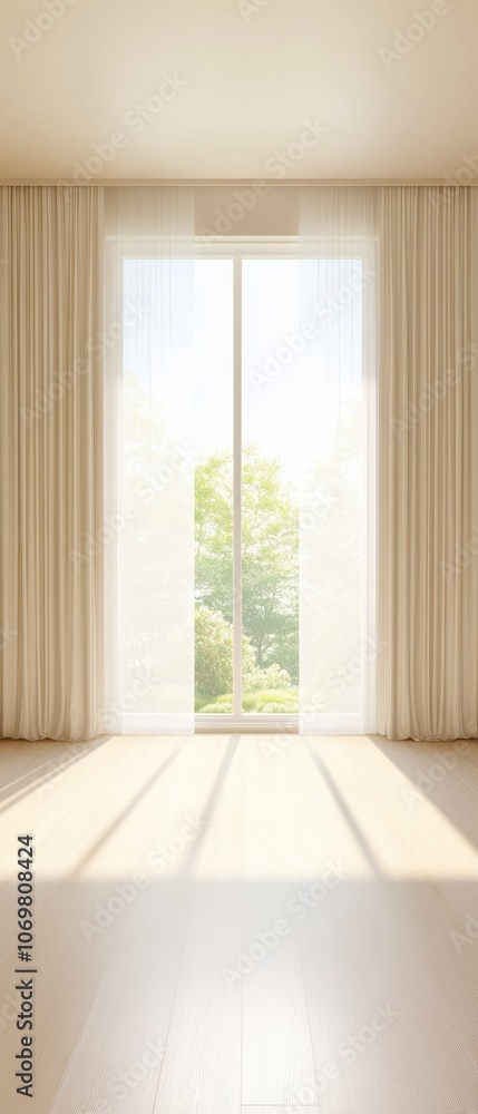 Sunlit Sanctuary: A serene and minimalist living room bathed in warm sunlight streaming through sheer curtains, creating an inviting and airy ambiance. Sunlit Sanctuary: A serene and minimalist living room bathed in warm sunlight streaming through sheer curtains, creating an inviting and airy ambiance.