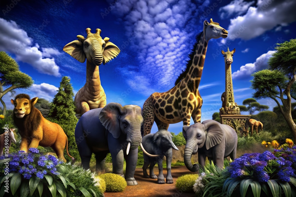 Fototapeta premium Vibrant Cartoon Landscape of a Zoo with Playful Animals Under a Bright Sky, Featuring Elephants, Giraffes, Lions, and Monkeys in a Whimsical Environment