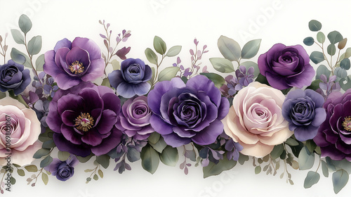 Wallpaper Mural Partial watercolor floral border frame with purple roses, lilac peonies, and eucalyptus greenery, light and natural arrangement along top and bottom edges Torontodigital.ca