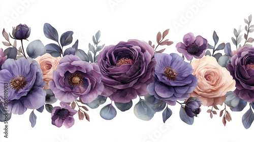 Wallpaper Mural Partial watercolor floral border frame with purple roses, lilac peonies, and eucalyptus greenery, light and natural arrangement along top and bottom edges Torontodigital.ca