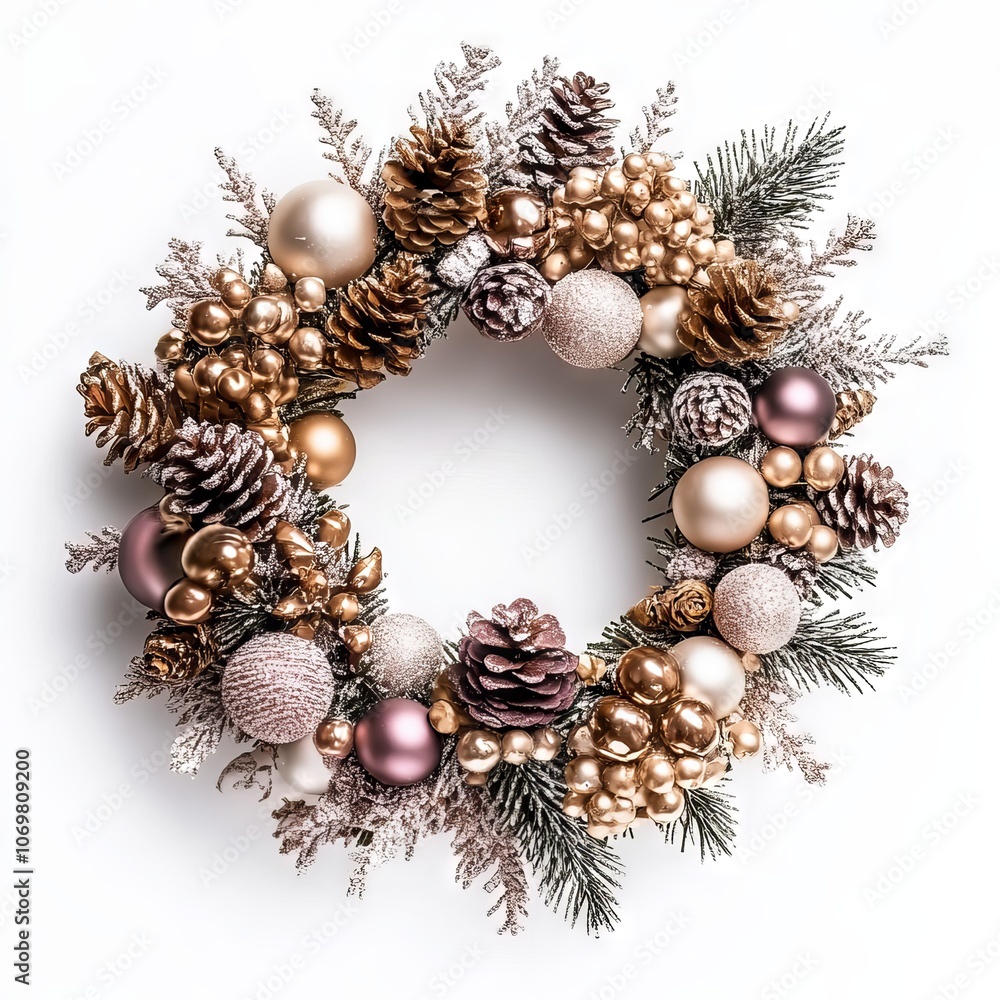 Festive Christmas wreath. Round frame made of conifer branches decorated with cones, artificial red berries and decorative gold snowflakes. Wreath isolated on white background. Festive Christmas wreath. Round frame made of conifer branches decorated with cones, artificial red berries and decorative gold snowflakes. Wreath isolated on white background.