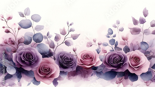 Wallpaper Mural Partial watercolor floral border frame with purple roses, lilac peonies, and eucalyptus greenery, light and natural arrangement along top and bottom edges Torontodigital.ca