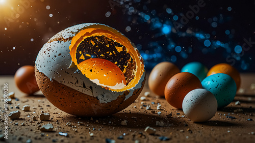 Broken eggshell exposing universe within photo