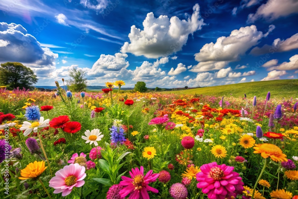 Vibrant Field of Colorful Flowers Under a Clear Blue Sky with Lush Green Grass and Soft Clouds, Perfect for Nature and Floral Themes in Photography Projects Vibrant Field of Colorful Flowers Under a Clear Blue Sky with Lush Green Grass and Soft Clouds, Perfect for Nature and Floral Themes in Photography Projects