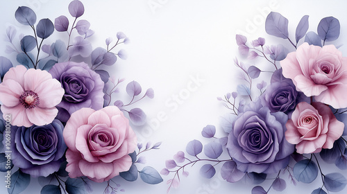 Wallpaper Mural Soft watercolor floral border frame, lilac flowers, purple roses, and eucalyptus leaves, delicate and airy, transparent background Torontodigital.ca