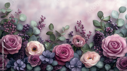 Wallpaper Mural Soft watercolor floral border frame, lilac flowers, purple roses, and eucalyptus leaves, delicate and airy, transparent background Torontodigital.ca