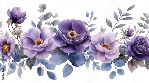 Wallpaper Mural Soft watercolor floral border frame, lilac flowers, purple roses, and eucalyptus leaves, delicate and airy, transparent background Torontodigital.ca