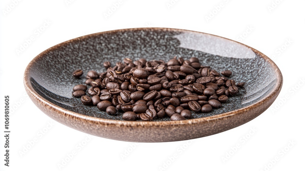 Fototapeta premium Arrangement of coffee beans, milk coffee, and black coffee on a ceramic plate, isolated for style