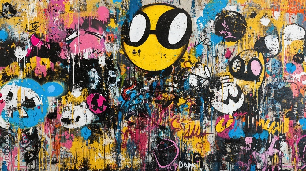 Obraz premium Dynamic Abstract Graffiti Art on Urban Wall with Bold Colors and Drips – Vibrant Street Art Featuring Yellow, Blue, Red, and Black Spray Paint Layers, Capturing the Energy