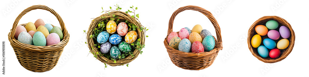 Set of an Easter basket with colorful eggs, isolated on a transparent background. Set of an Easter basket with colorful eggs, isolated on a transparent background.