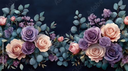 Wallpaper Mural Watercolor floral border frame, elegant spread of violet roses, lilac peonies, and eucalyptus greenery, soft and natural watercolor effect, transparent background Torontodigital.ca