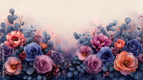 Wallpaper Mural Watercolor floral border frame, elegant spread of violet roses, lilac peonies, and eucalyptus greenery, soft and natural watercolor effect, transparent background Torontodigital.ca